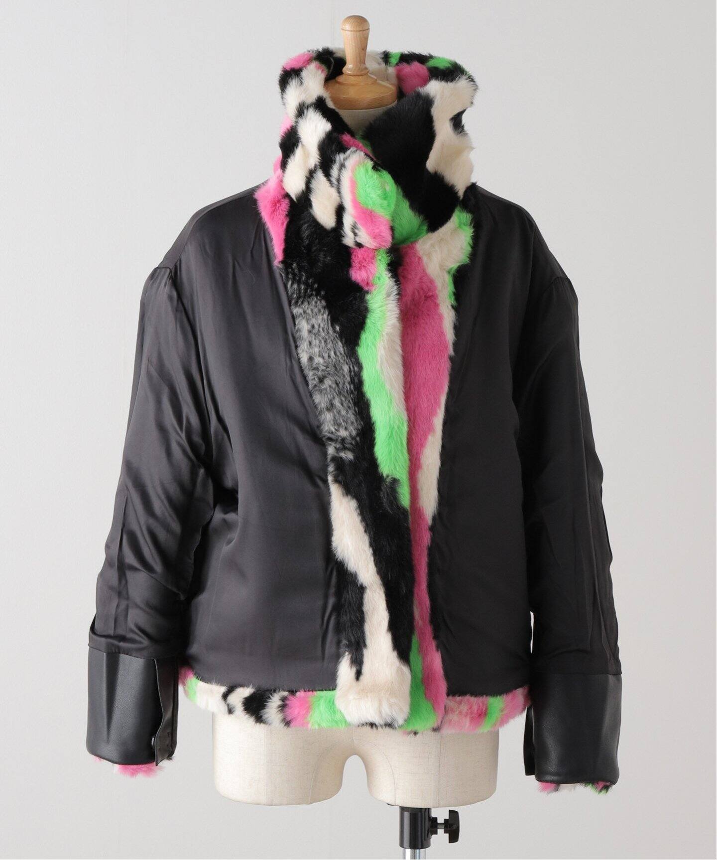 JAKKE/ジャッキー】TRACI COAT MULTI STRIPE：フェイクファーコート  