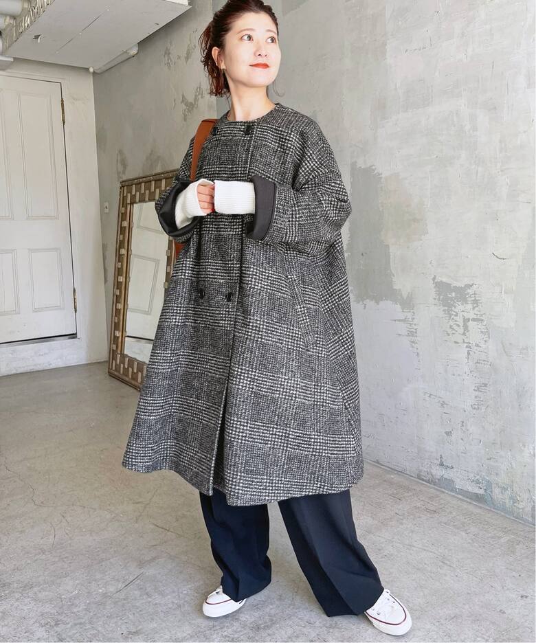 Wスライバーノーカラーチェックポンチョコート（ポンチョ・マント  