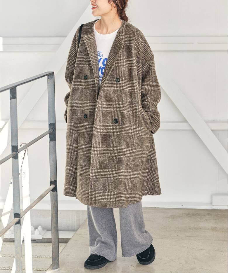 Wスライバーノーカラーチェックポンチョコート（ポンチョ・マント  