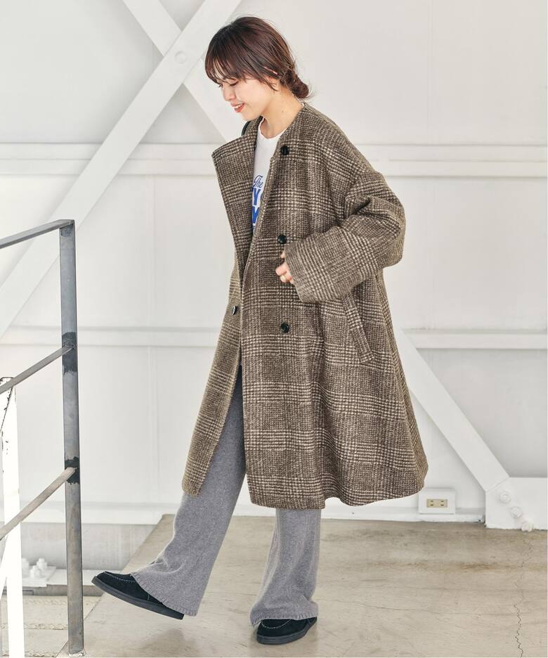 Wスライバーノーカラーチェックポンチョコート（ポンチョ・マント  