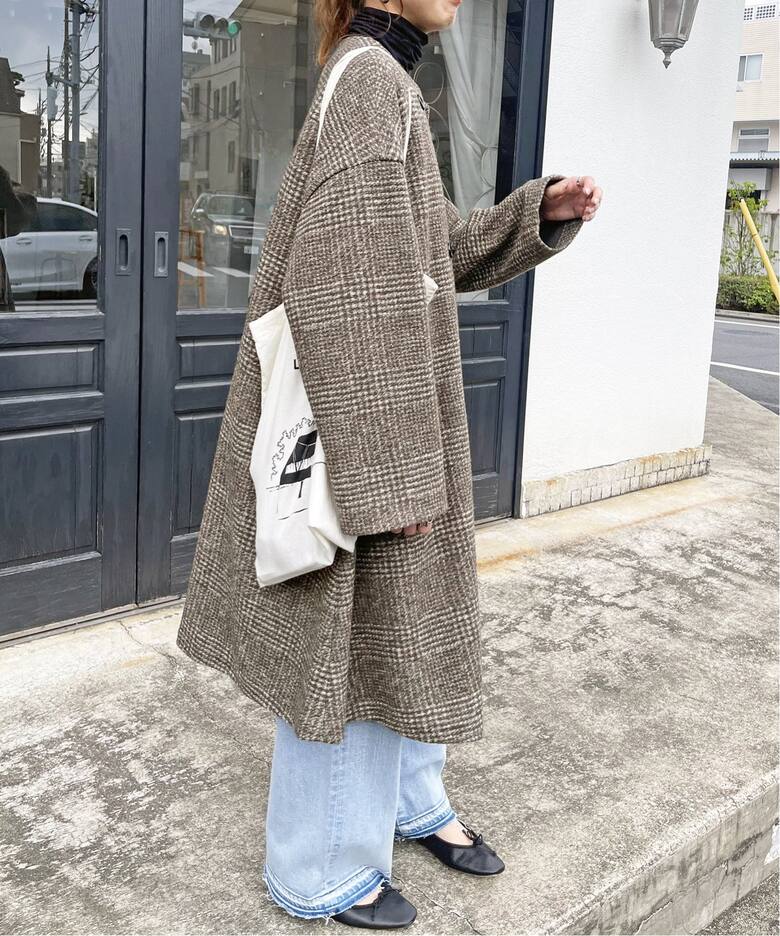 Wスライバーノーカラーチェックポンチョコート（ポンチョ・マント  