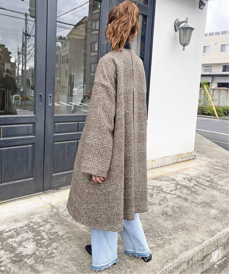 Wスライバーノーカラーチェックポンチョコート（ポンチョ・マント  