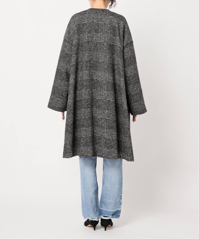 Wスライバーノーカラーチェックポンチョコート（ポンチョ・マント  