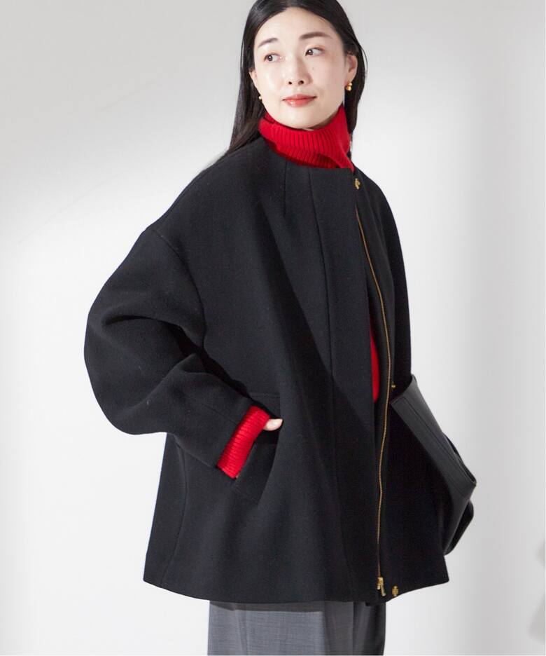 SUPER140S/MARINI クルーネックショートコート（ノーカラーコート  