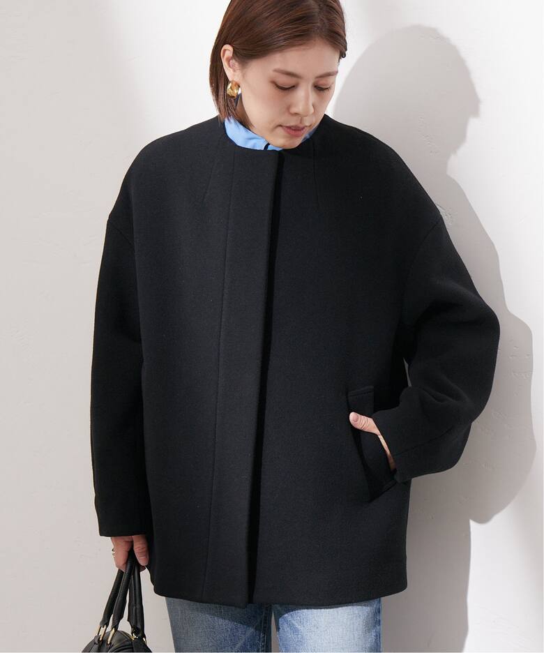 SUPER140S/MARINI クルーネックショートコート（ノーカラーコート 