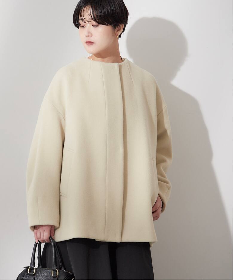 SUPER140S/MARINI クルーネックショートコート（ノーカラーコート  