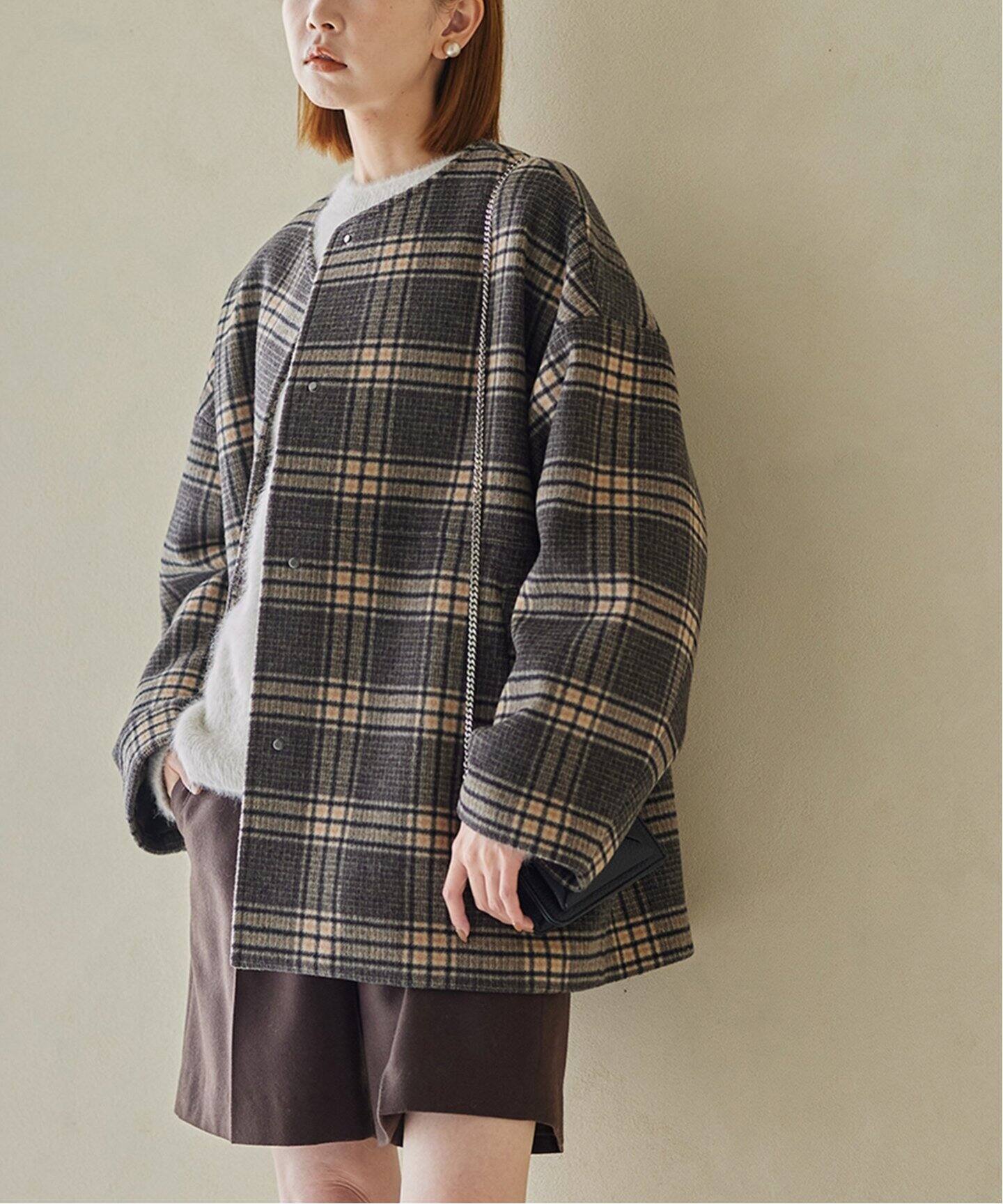 ジャーナルスタンダード 140ビーバー ノーカラーショートコート 千鳥格子 スーパー140ビーバーノーカラーショートコート（ノーカラーコート