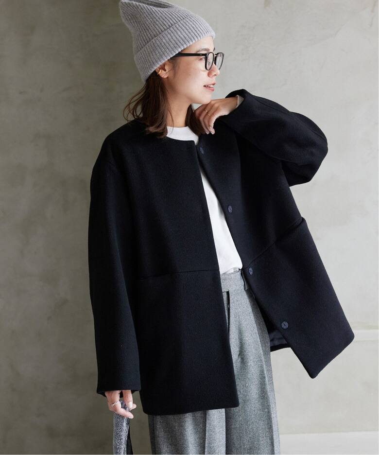 追加》スーパーファインビーバークルーネックコート（ノーカラーコート  