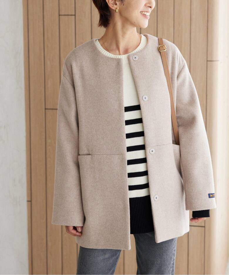 追加》スーパーファインビーバークルーネックコート（ノーカラーコート  