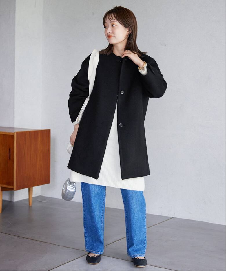 ウールダブルモッサ ノーカラーショートコート（ノーカラーコート  