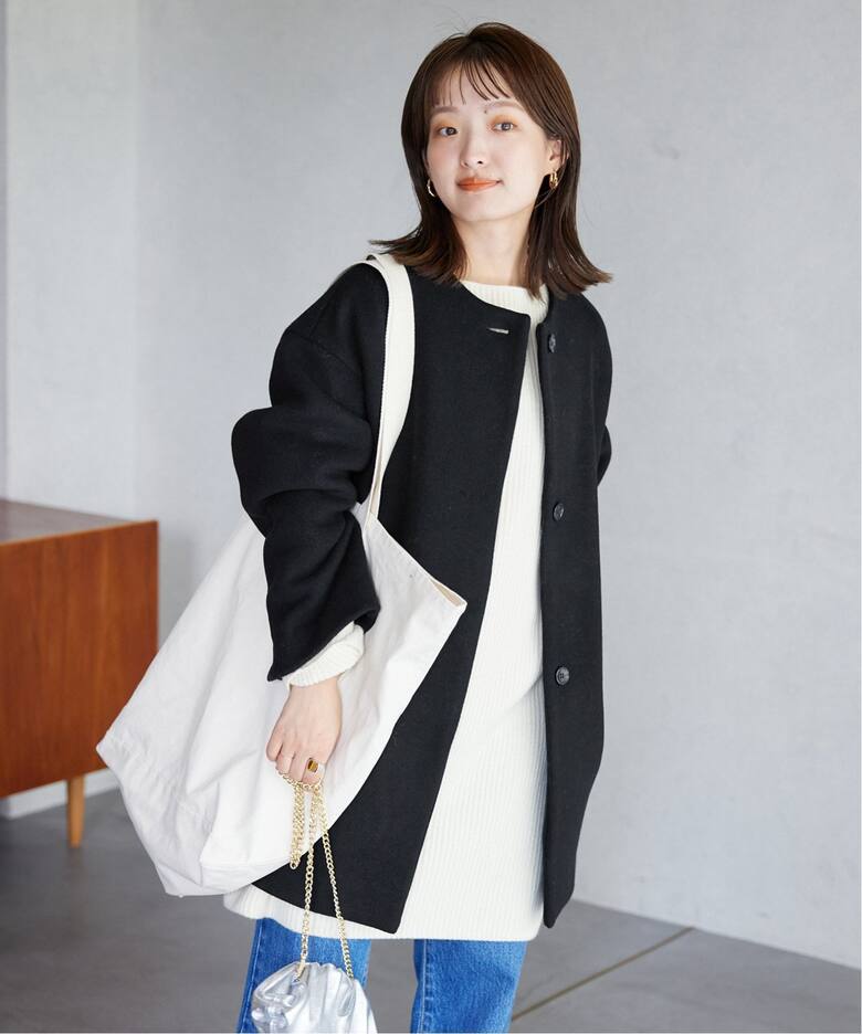 ウールダブルモッサ ノーカラーショートコート（ノーカラーコート  