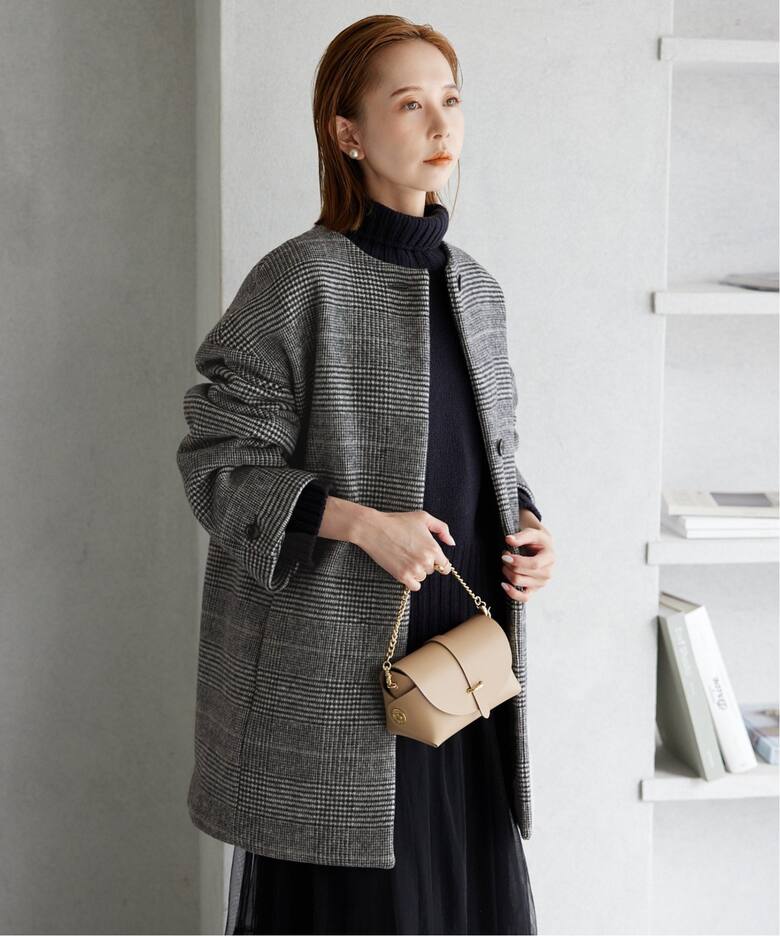 ウールダブルモッサ ノーカラーショートコート（ノーカラーコート  