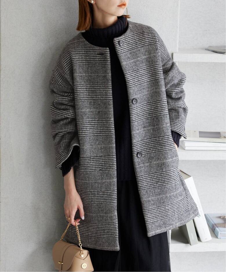 ウールダブルモッサ ノーカラーショートコート（ノーカラーコート  