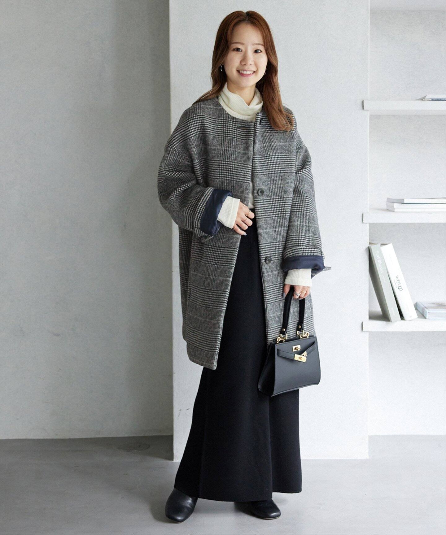 ウールダブルモッサ ノーカラーショートコート（ノーカラーコート 