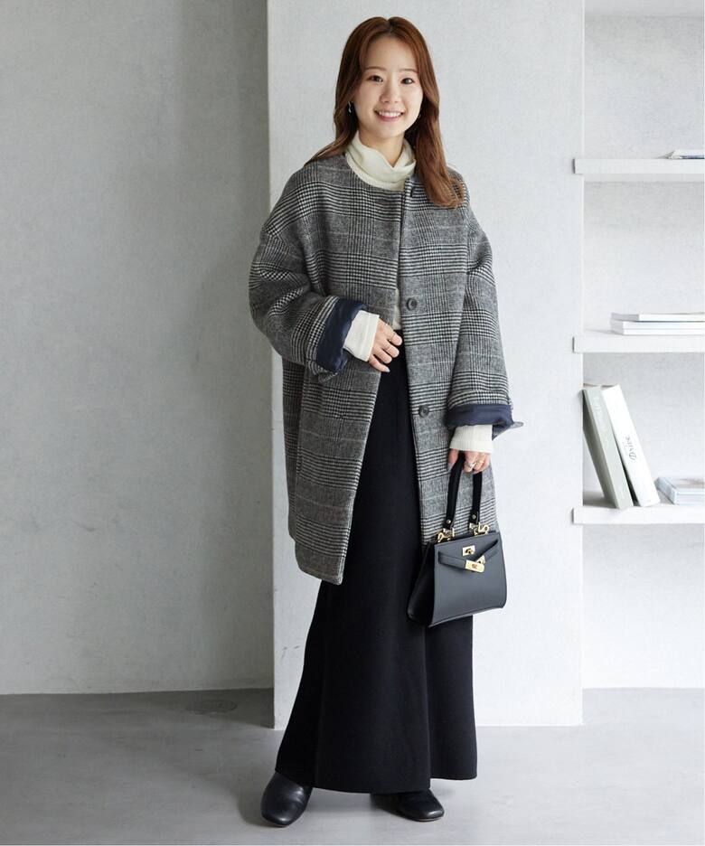 ウールダブルモッサ ノーカラーショートコート（ノーカラーコート  