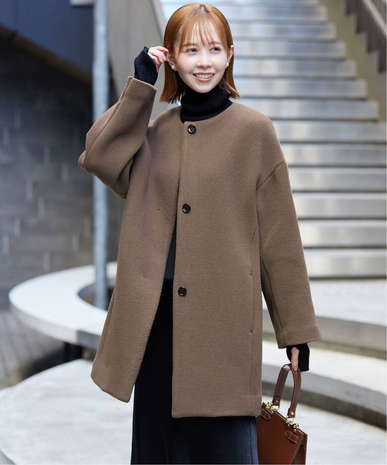 ウールダブルモッサ ノーカラーショートコート（ノーカラーコート  