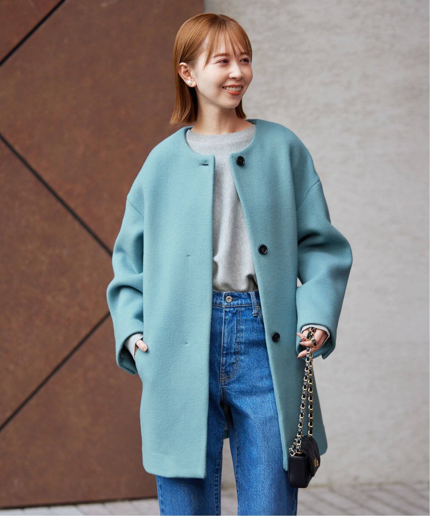 ウールダブルモッサ ノーカラーショートコート（ノーカラーコート  