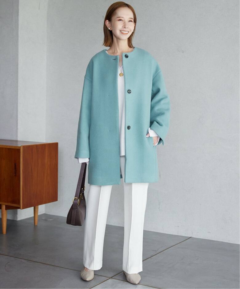 ウールダブルモッサ ノーカラーショートコート（ノーカラーコート  