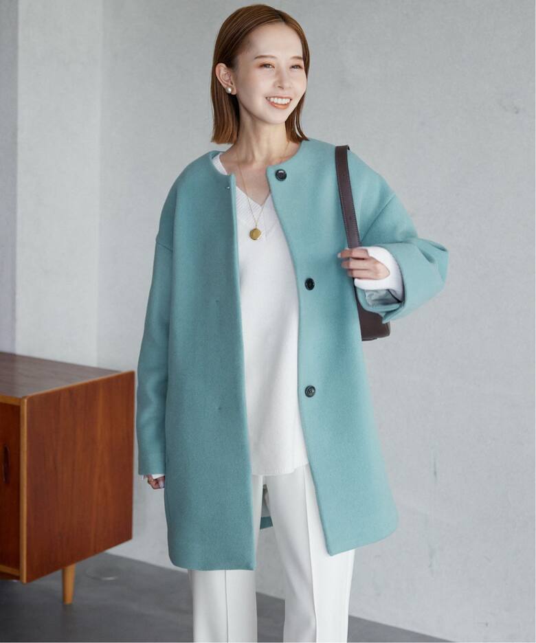 ウールダブルモッサ ノーカラーショートコート（ノーカラーコート  