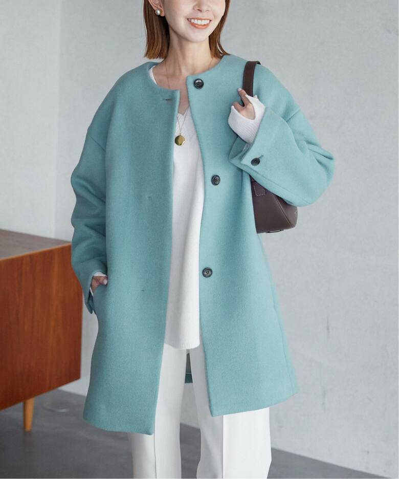 ウールダブルモッサ ノーカラーショートコート（ノーカラーコート  