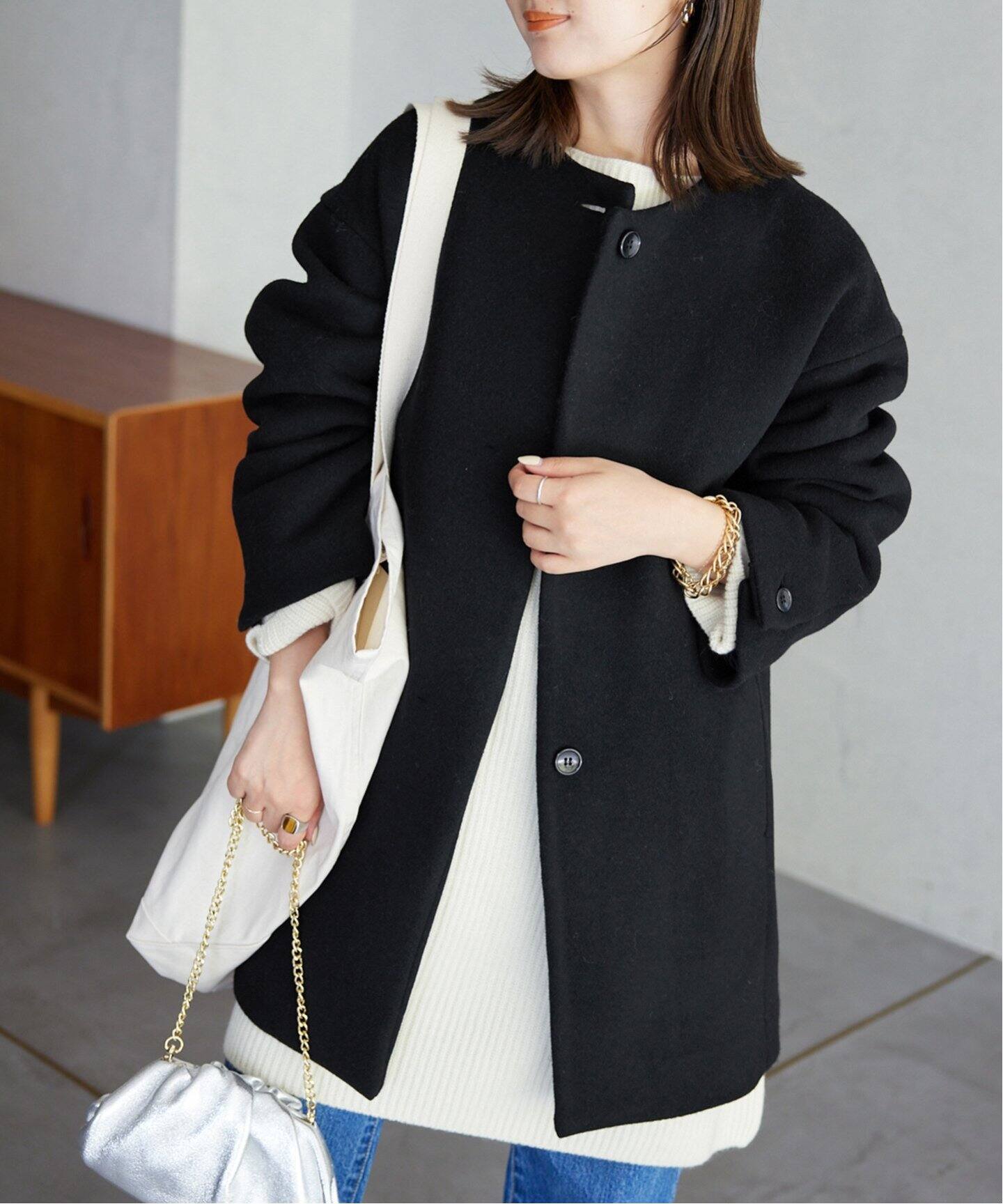 ウールダブルモッサ ノーカラーショートコート（ノーカラーコート  