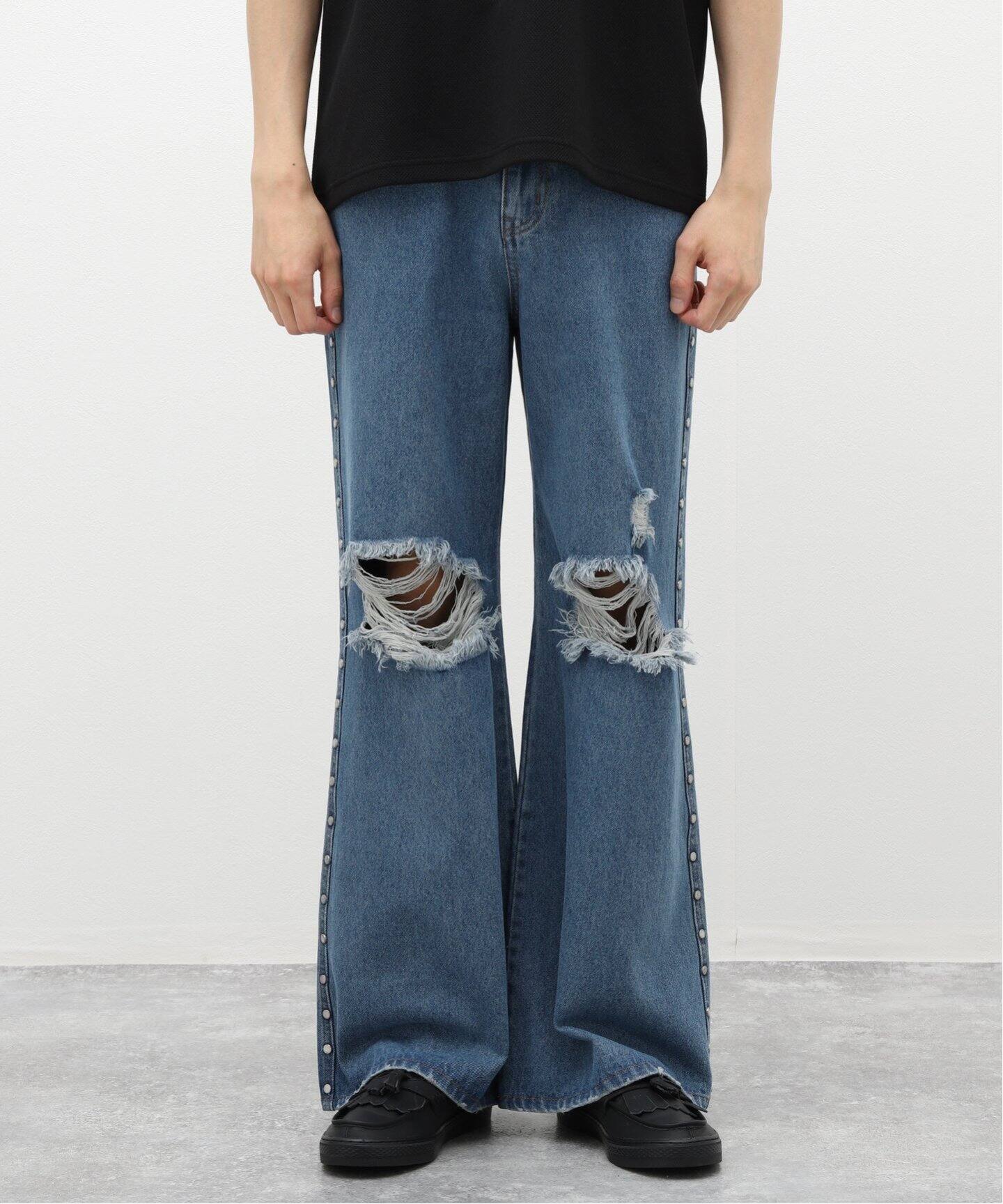 AFB / エーエフビー】STUDS DAMAGED BAGGY PANTS（デニムパンツ 