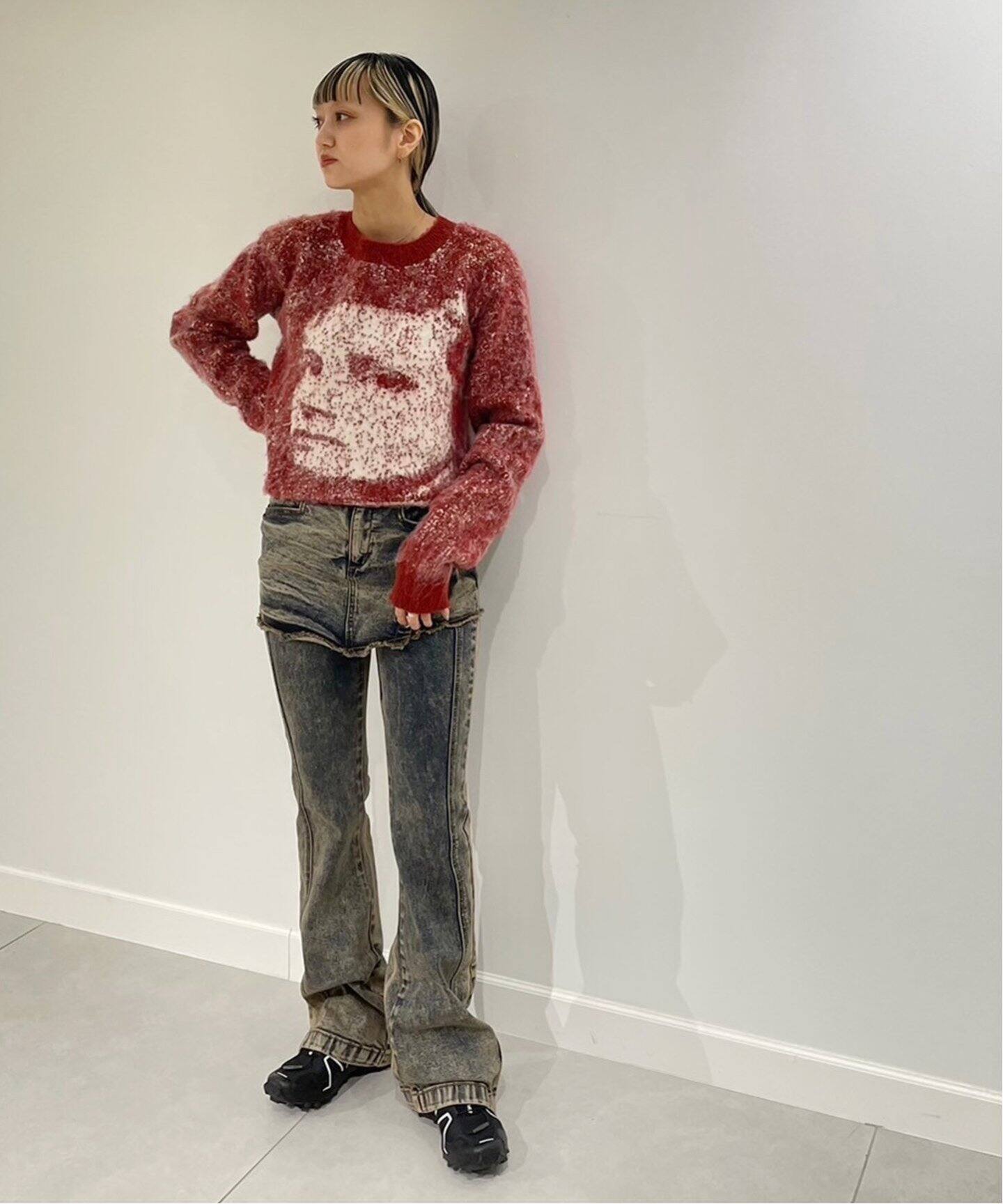 YUSE/ユズ】 SKIRT LAYERED BOOTS CUT DENIM PANTS：レイヤード 