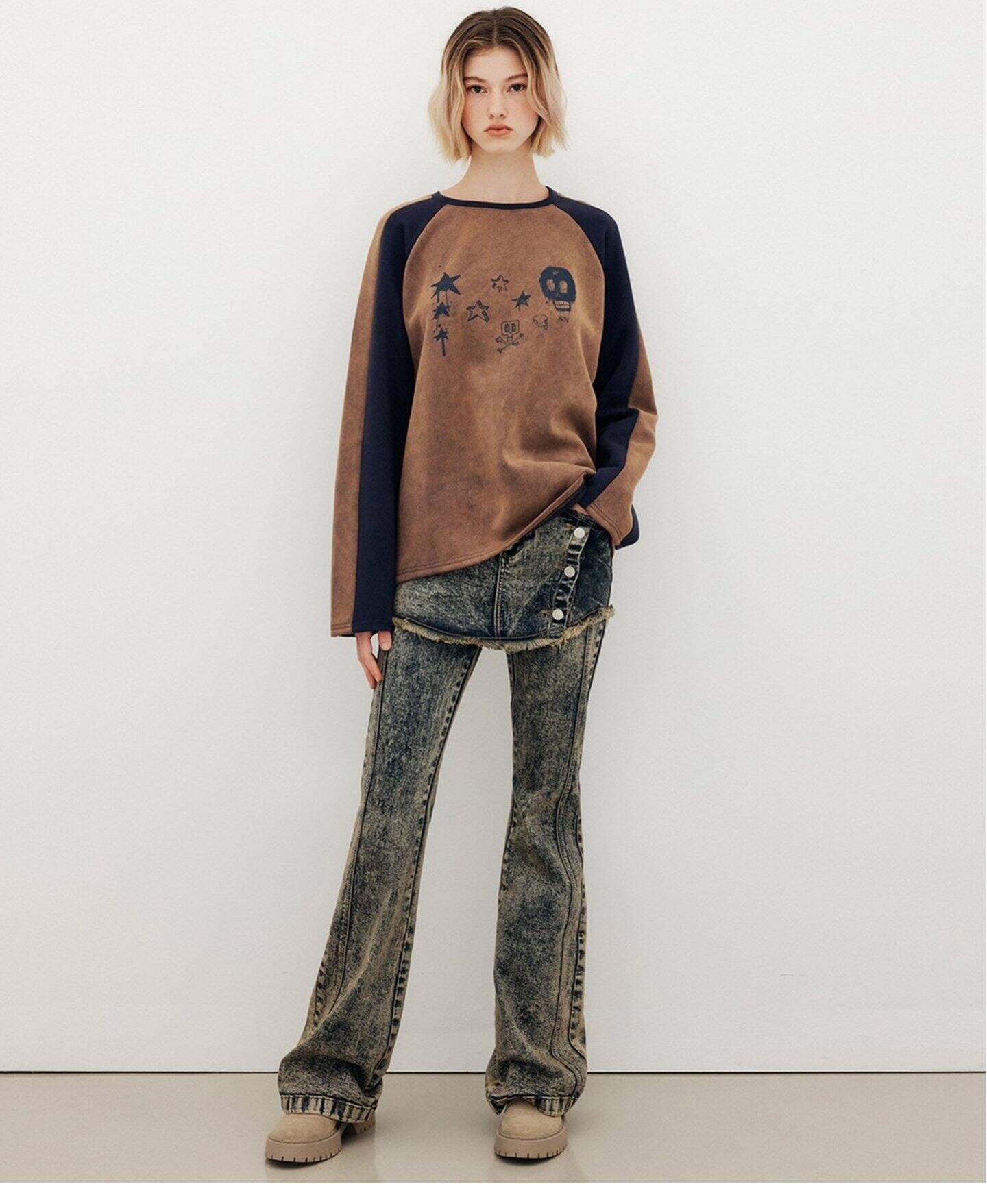 YUSE/ユズ】 SKIRT LAYERED BOOTS CUT DENIM PANTS：レイヤード 