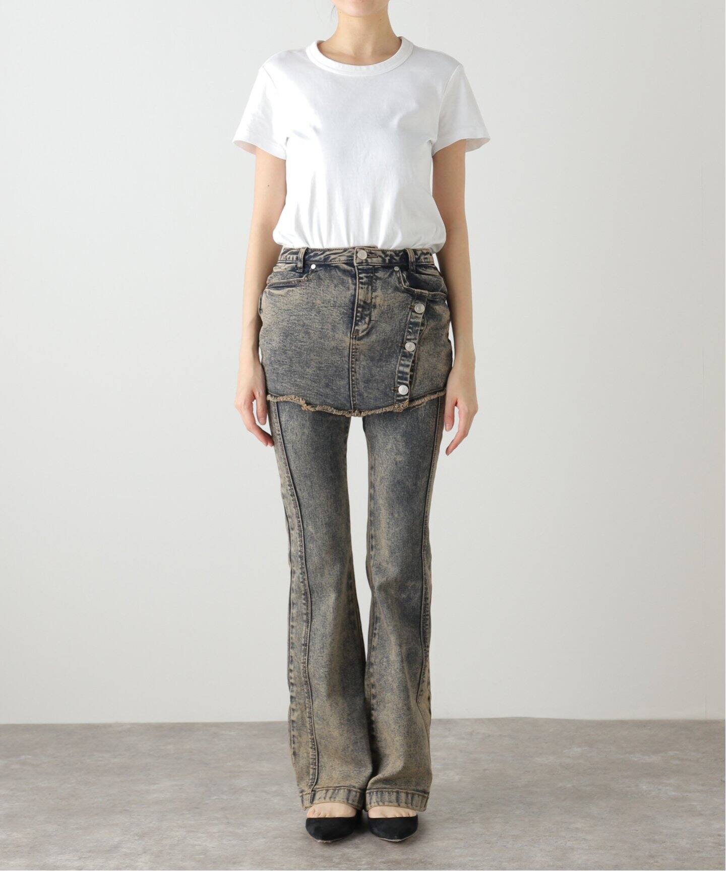 YUSE/ユズ】 SKIRT LAYERED BOOTS CUT DENIM PANTS：レイヤード 