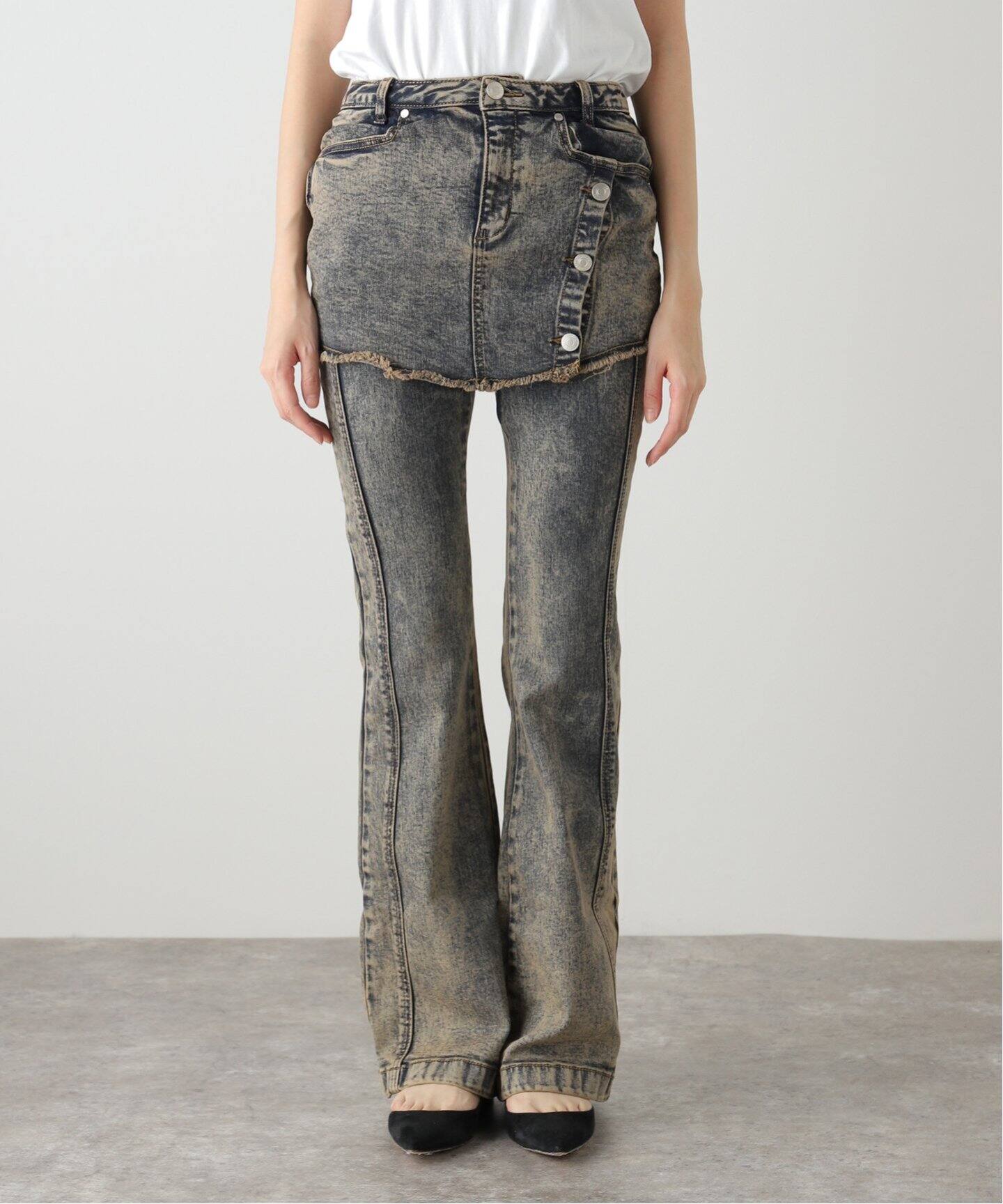 YUSE/ユズ】 SKIRT LAYERED BOOTS CUT DENIM PANTS：レイヤード 