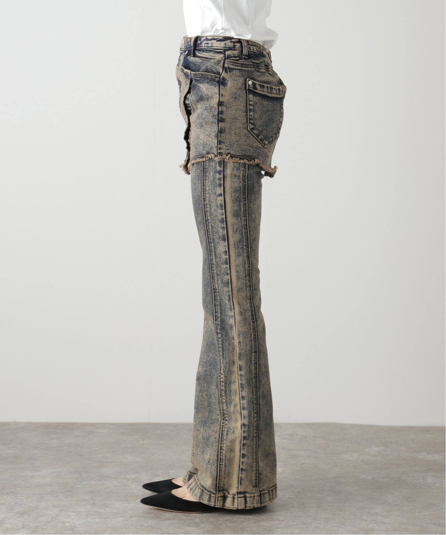 YUSE/ユズ】 SKIRT LAYERED BOOTS CUT DENIM PANTS：レイヤード 