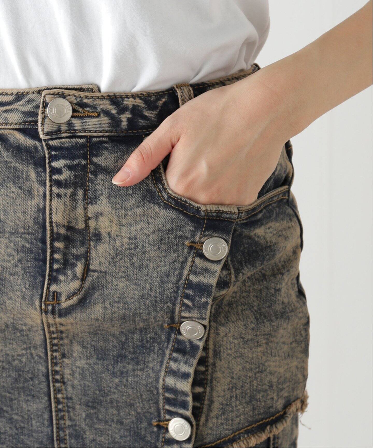 YUSE/ユズ】 SKIRT LAYERED BOOTS CUT DENIM PANTS：レイヤード 