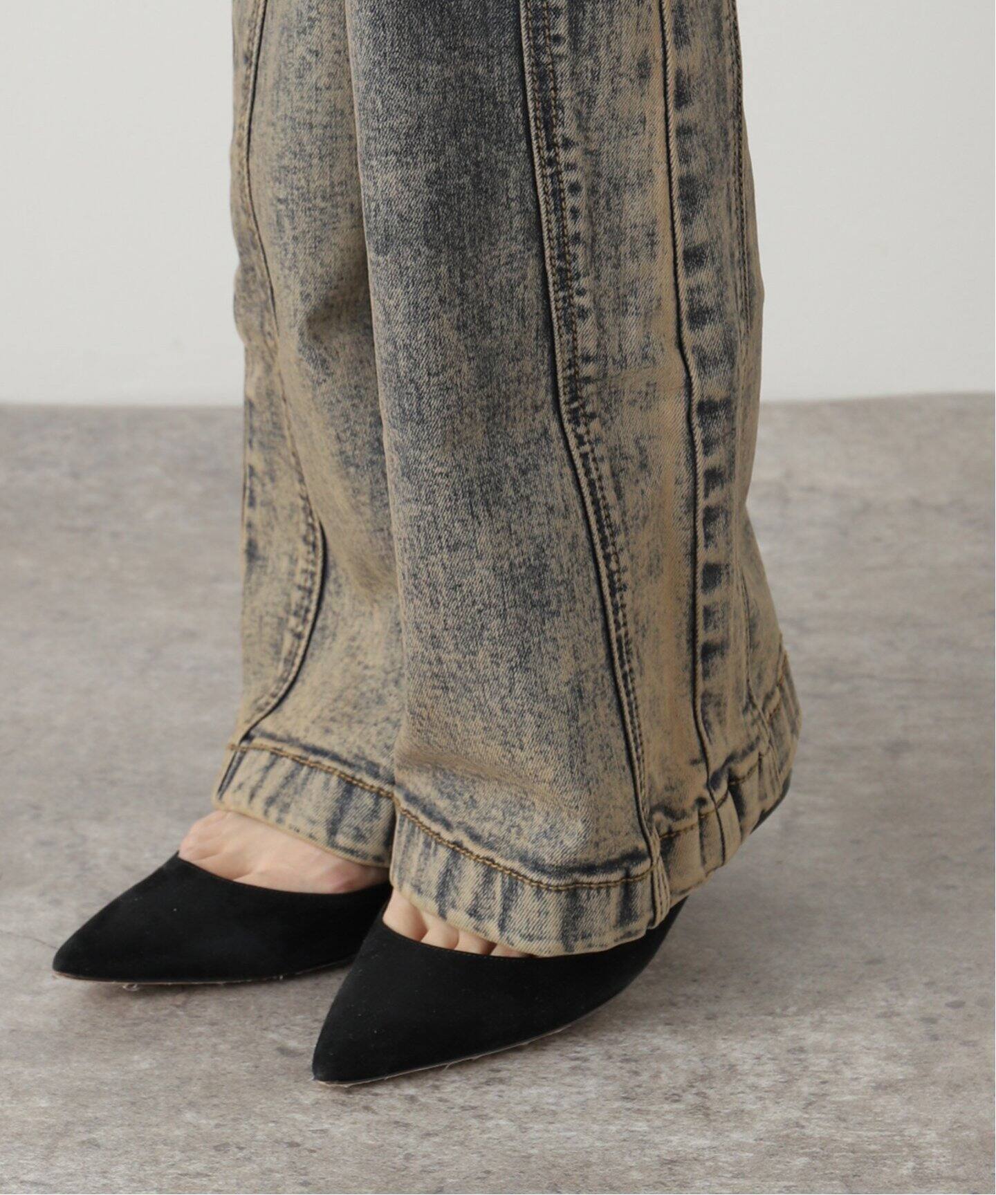 YUSE/ユズ】 SKIRT LAYERED BOOTS CUT DENIM PANTS：レイヤード 