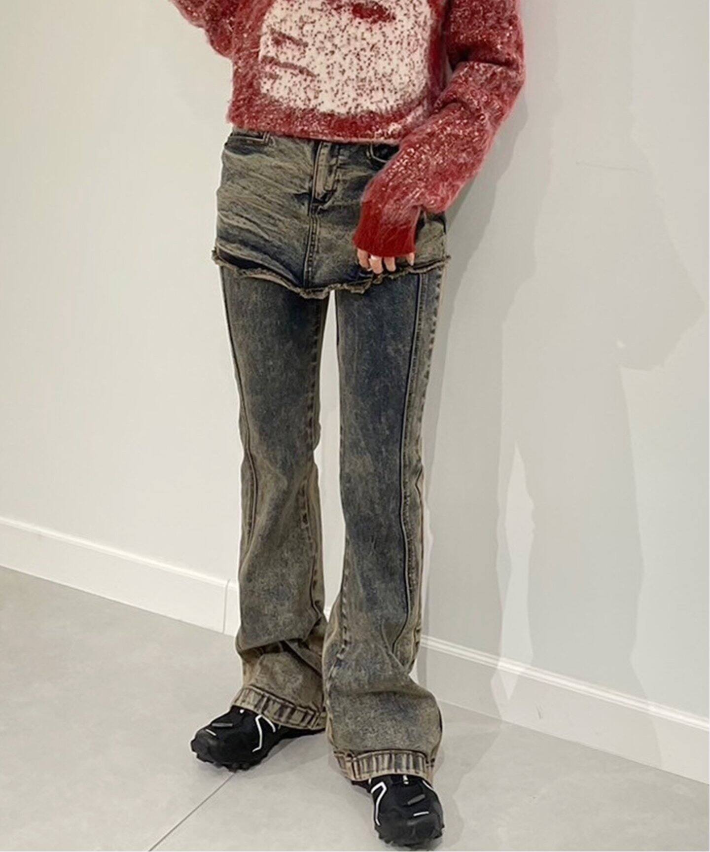 YUSE/ユズ】 SKIRT LAYERED BOOTS CUT DENIM PANTS：レイヤード 