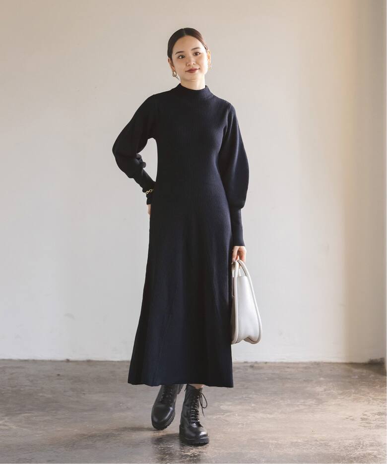 NOBLE ノーブル テイクオフニットワンピースネイビー（パフスリーブ  