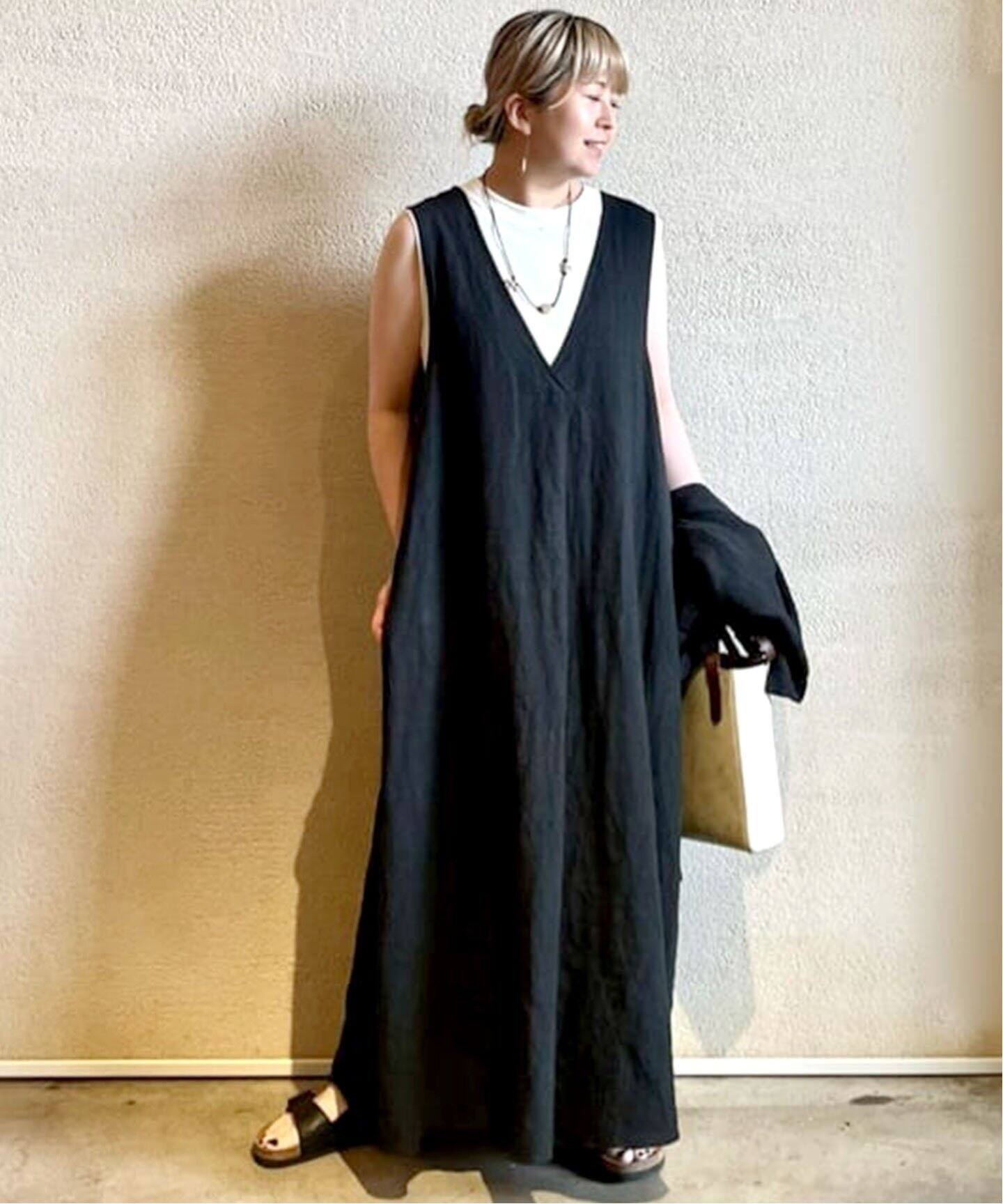 リネンワッシャー Vネックノースリーブワンピース（ワンピース  