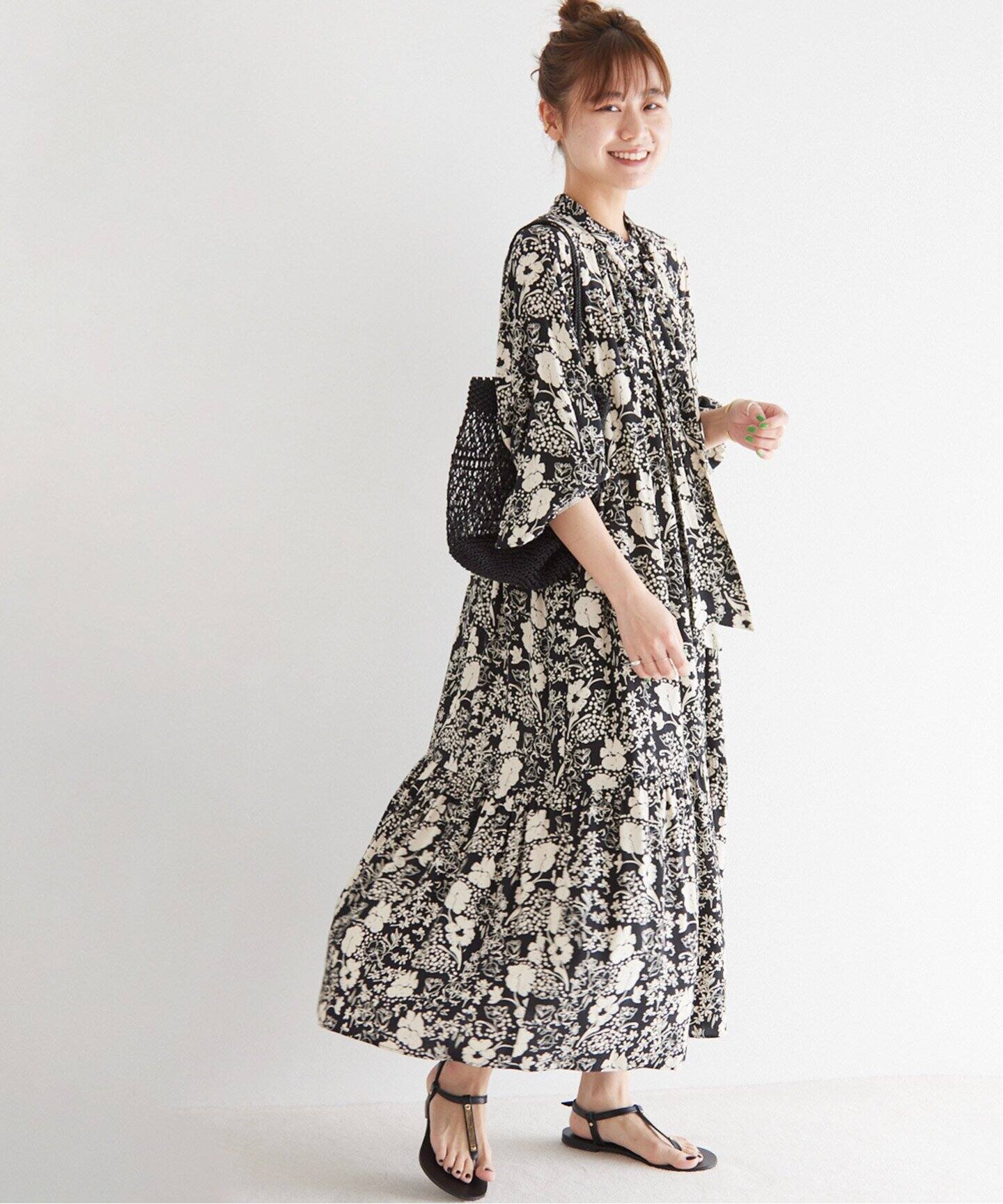 追加》レトロフラワープリントボウタイギャザーワンピース（ワンピース  