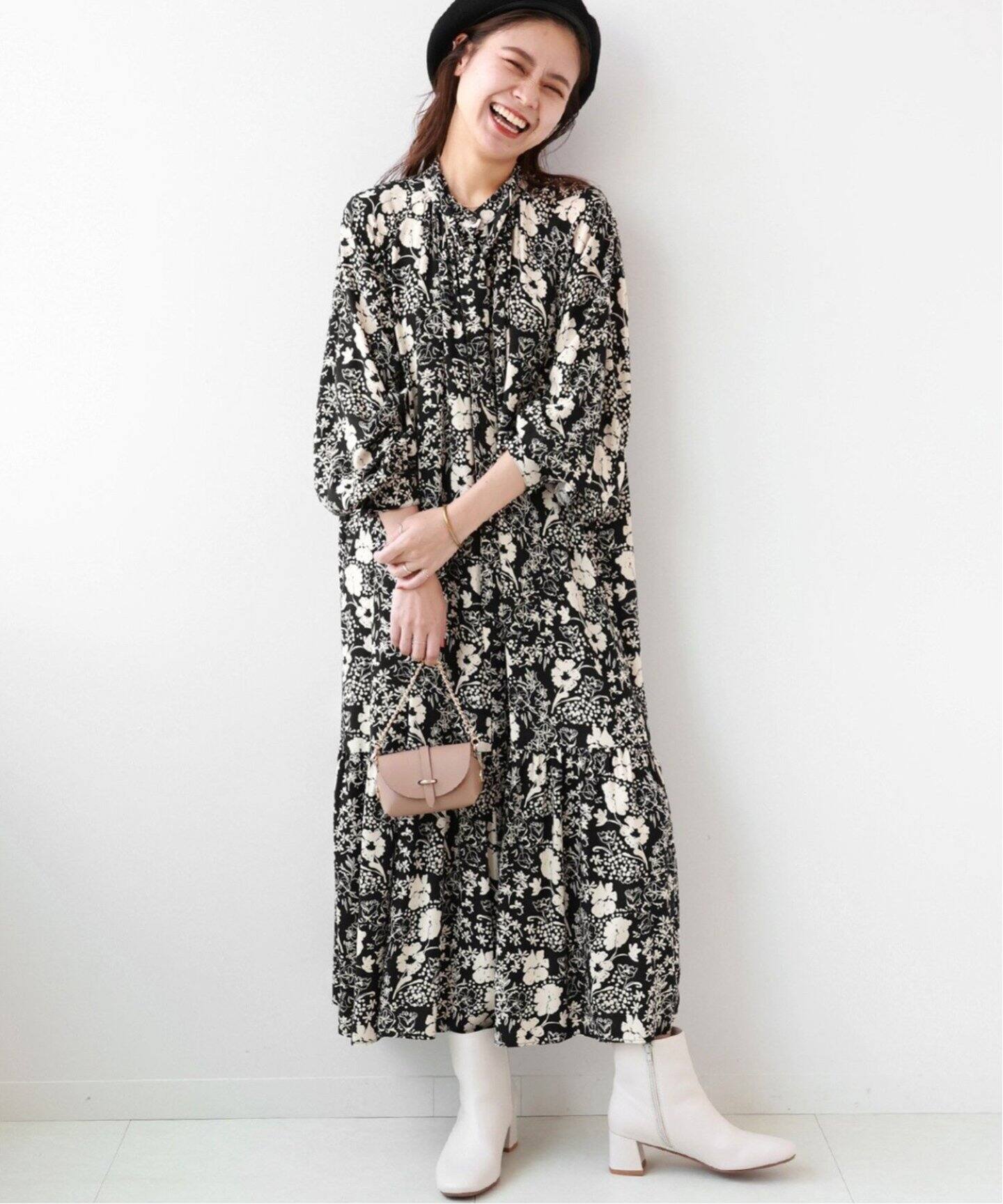 追加》レトロフラワープリントボウタイギャザーワンピース（ワンピース  