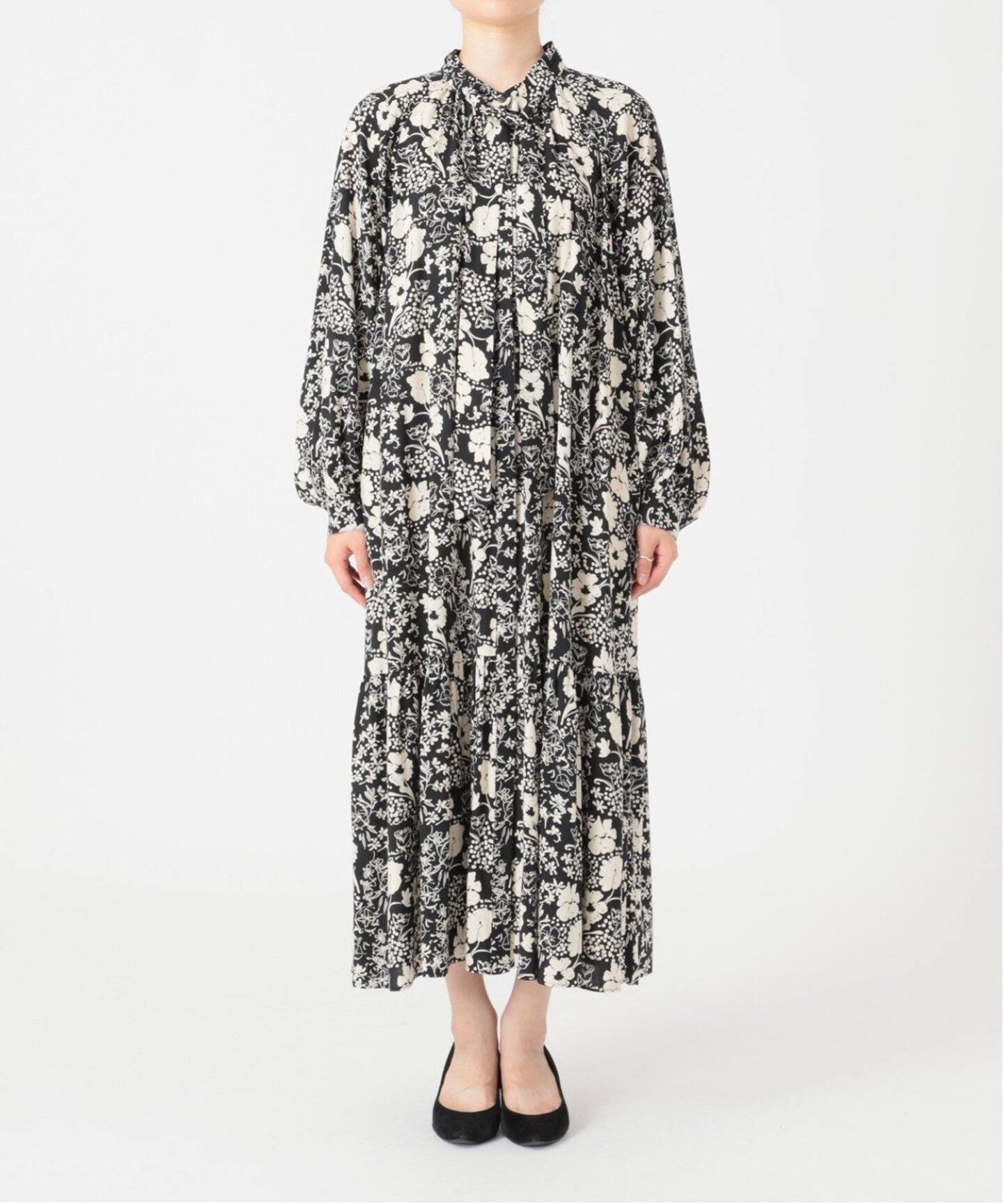 追加》レトロフラワープリントボウタイギャザーワンピース（ワンピース  