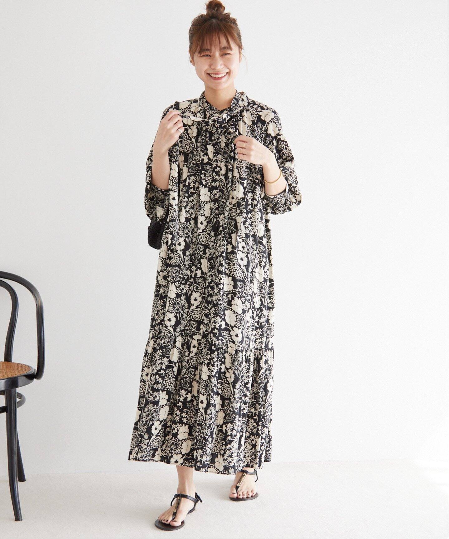 追加》レトロフラワープリントボウタイギャザーワンピース（ワンピース  