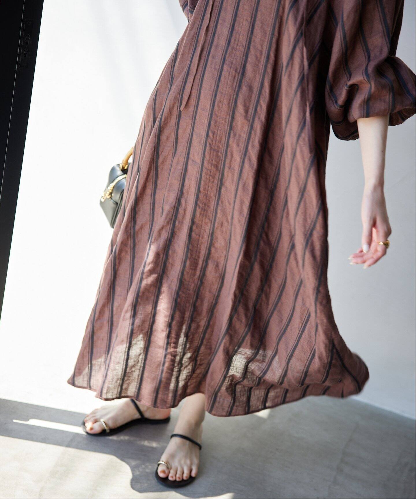 追加》ボリュームスリーブストライプリネン混ワンピース（ワンピース  