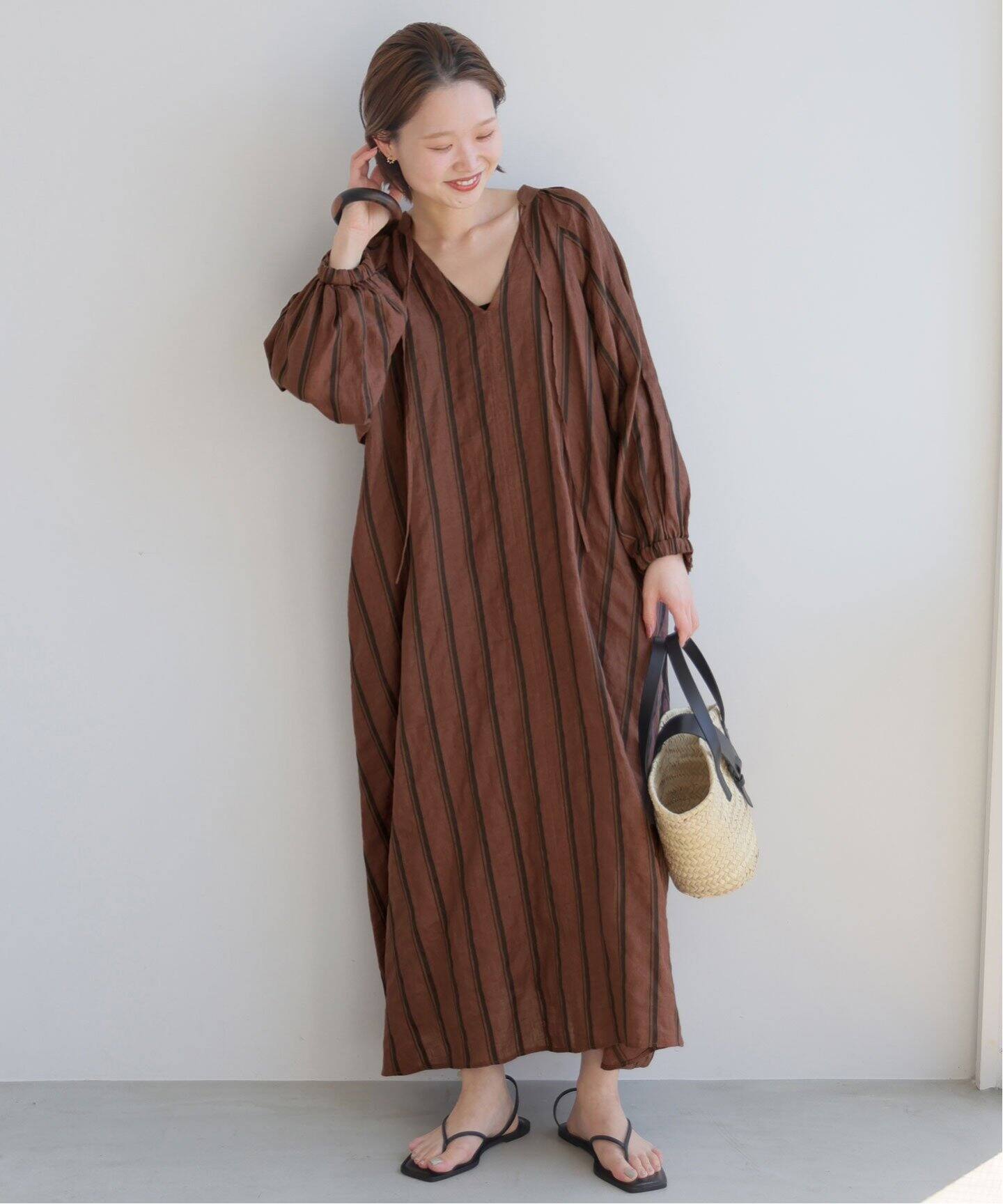 追加》ボリュームスリーブストライプリネン混ワンピース（ワンピース  