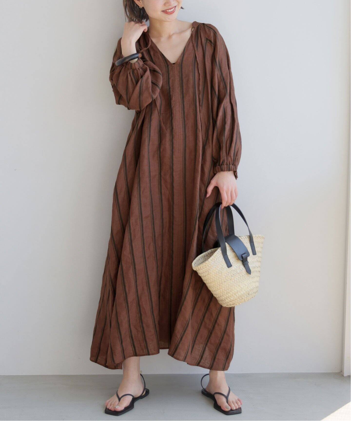 追加》ボリュームスリーブストライプリネン混ワンピース（ワンピース  