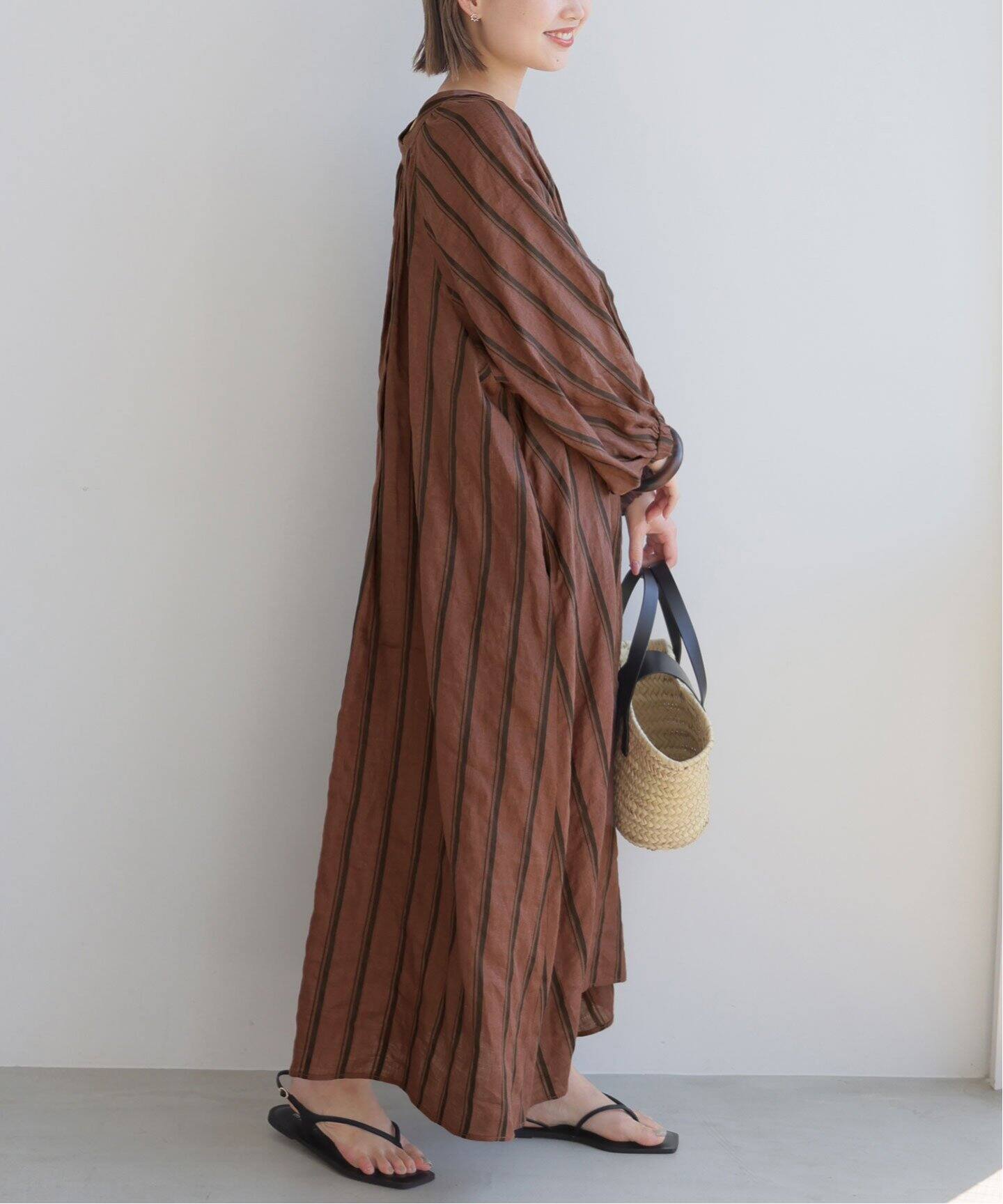 追加》ボリュームスリーブストライプリネン混ワンピース（ワンピース  