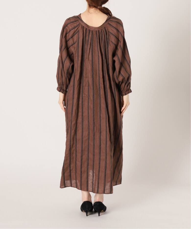 追加》ボリュームスリーブストライプリネン混ワンピース（ワンピース  