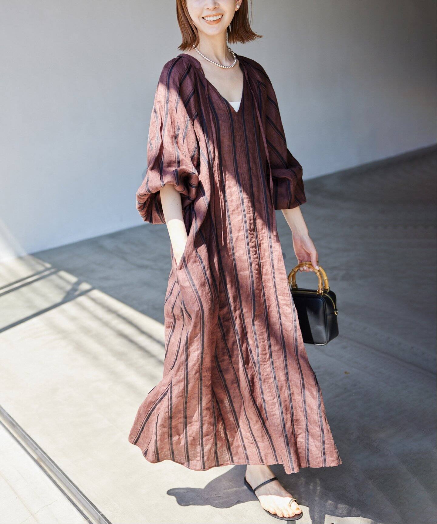 追加》ボリュームスリーブストライプリネン混ワンピース（ワンピース  