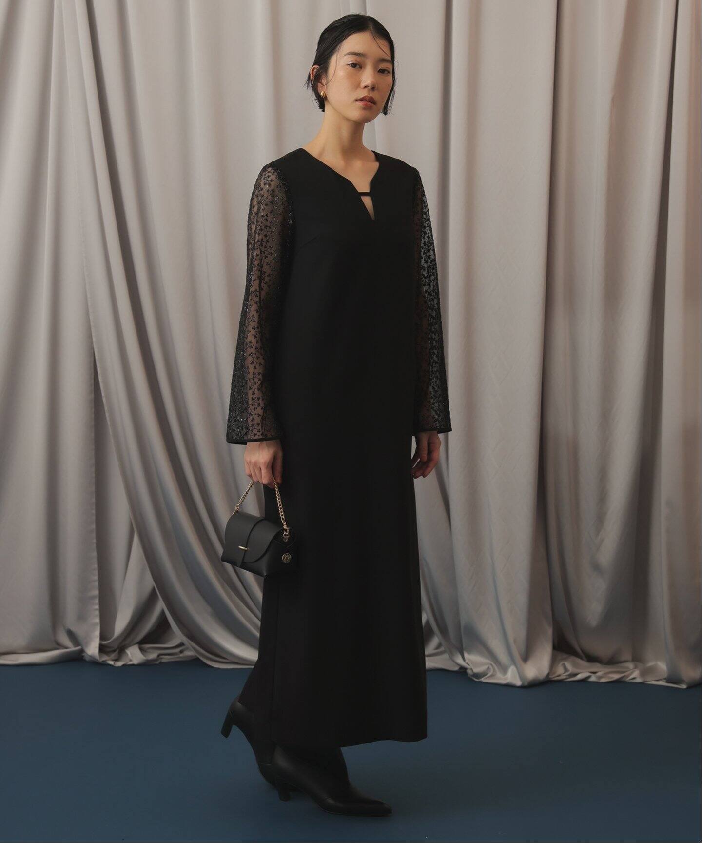 3343＊スパンコール織スリーブ/サイドビジュードレスwhM （habi  