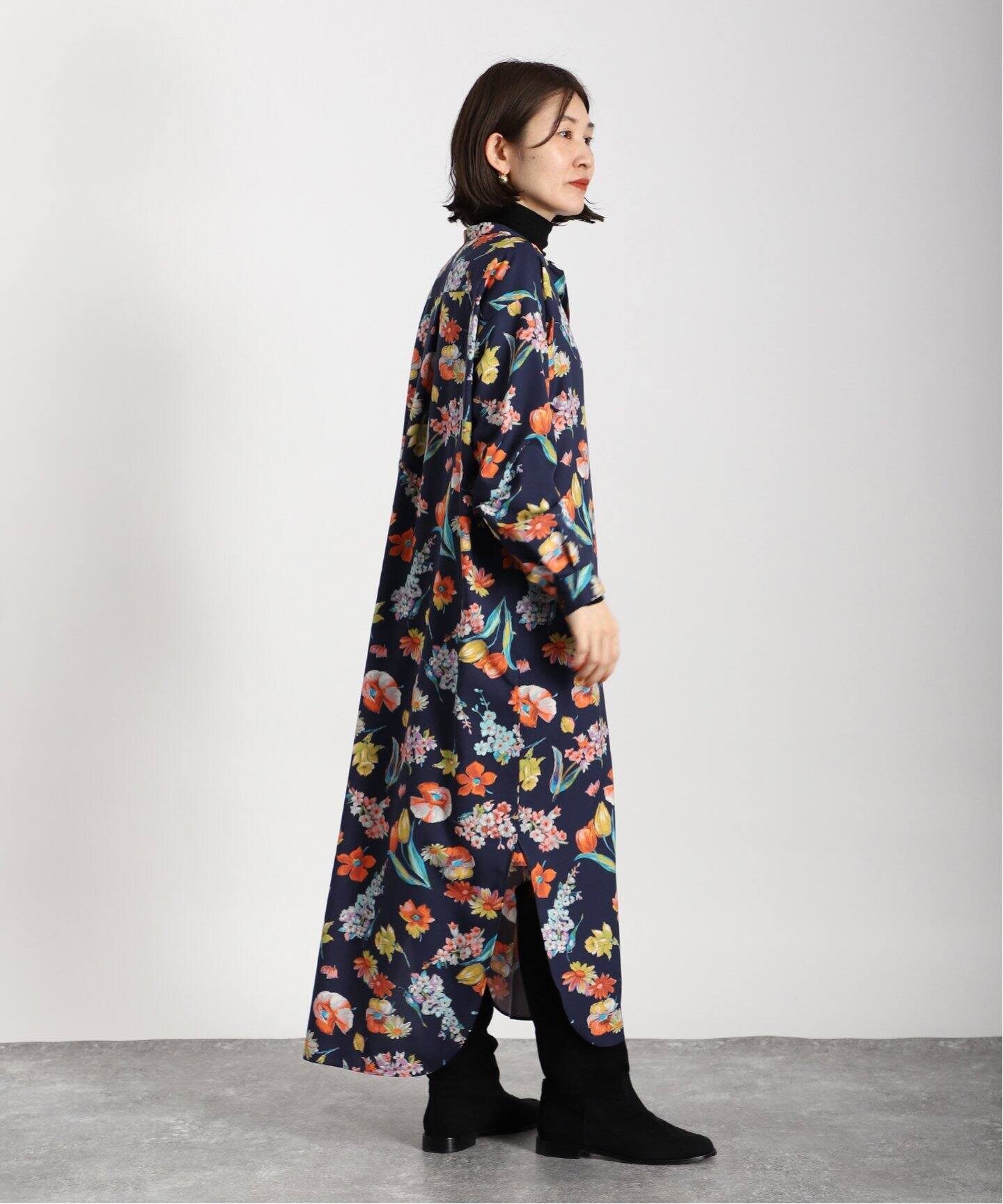 フラワープリントバンドカラーシャツワンピース（ワンピース  