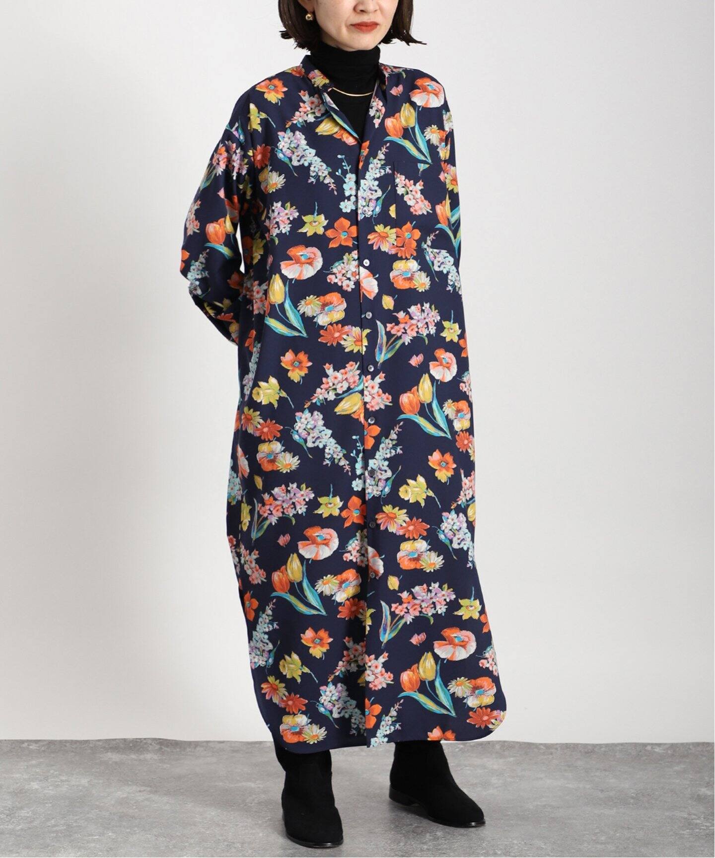 フラワープリントバンドカラーシャツワンピース（ワンピース  