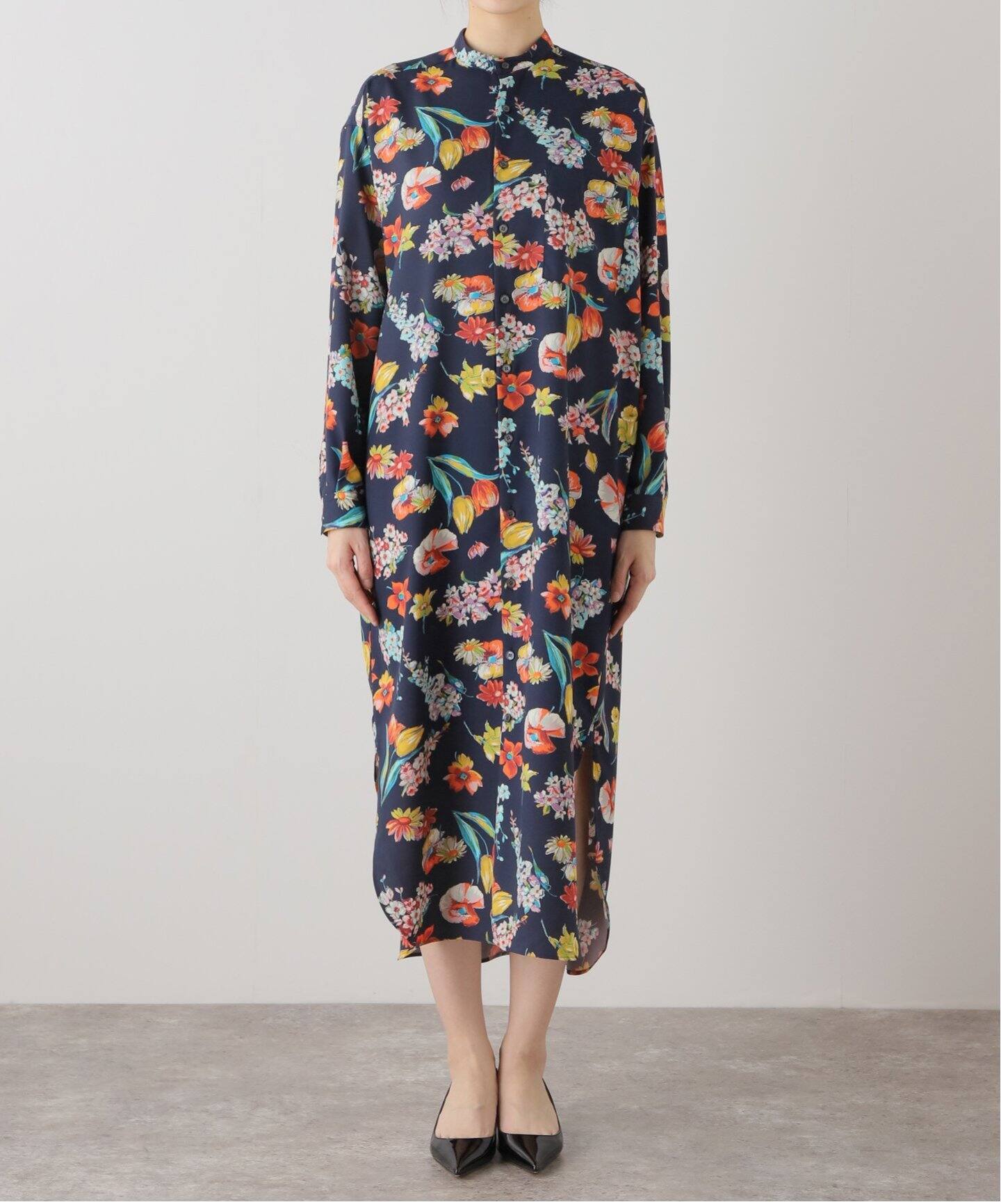 フラワープリントバンドカラーシャツワンピース（ワンピース  